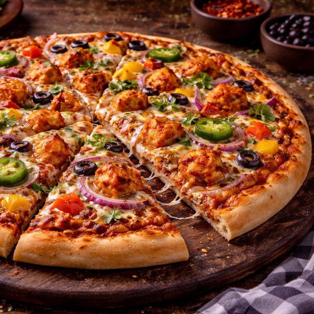 Indian Style Tikka Masala Supreme Pizza.