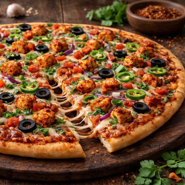 Indian Style Tandoori Chicken Pizza.