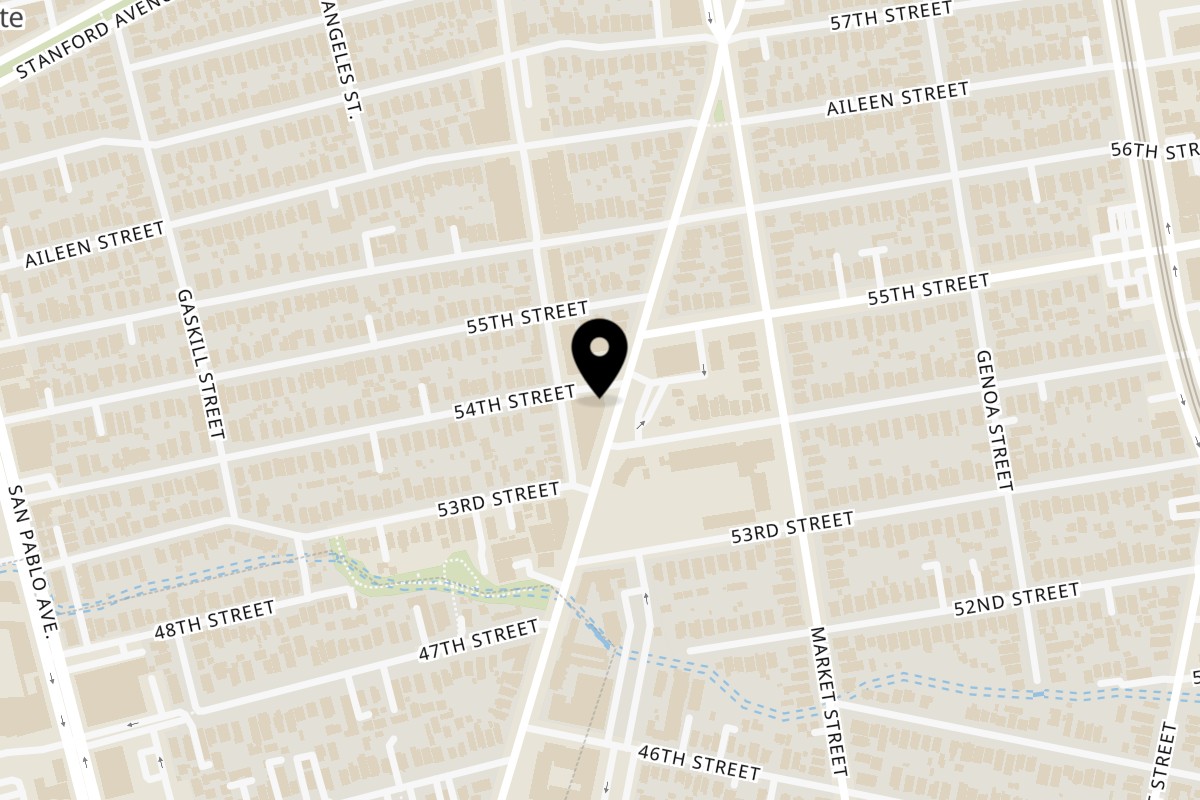Map showing the location of Spice & Slice Indian Fusion Eats on 5333 Adeline St in Oakland